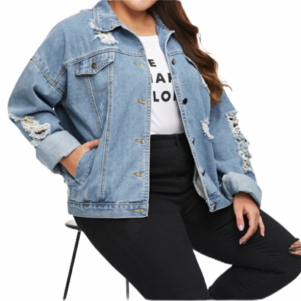 PLUS ripped destroyed blue denim jeans jacket - Picture 5 of 5